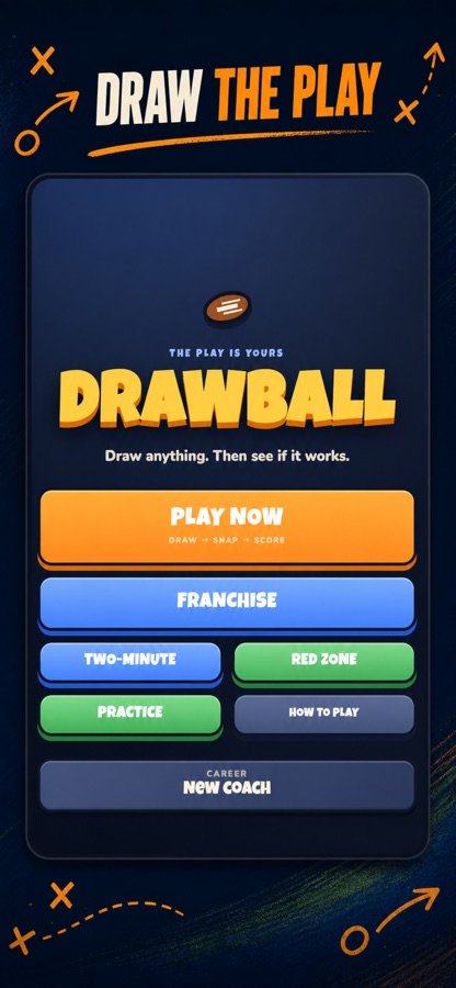 DRAWBALL generated App Store graphic showing cartoon football players and drawn routes